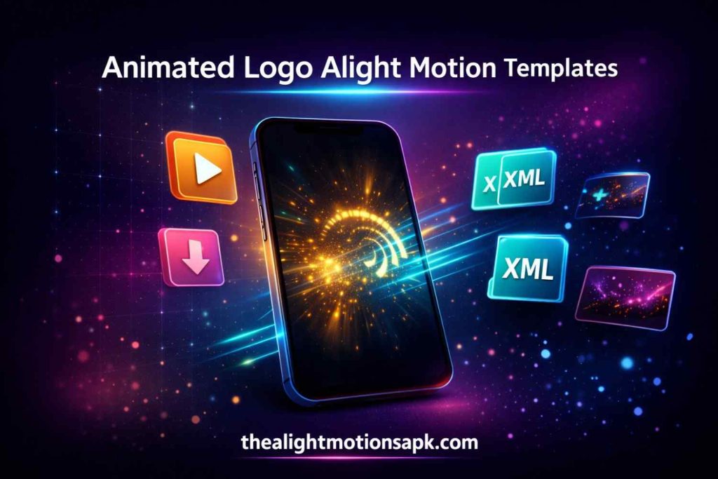 Animated logo Alight Motion template showing 3D spinning reveal with particle effects on smartphone
