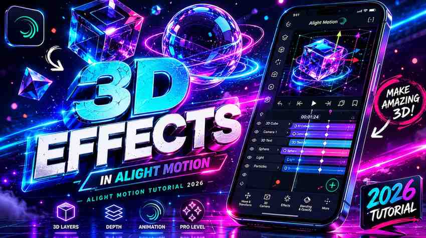 3D Effects in Alight Motion poster showing floating 3D cube and sphere with neon purple and cyan glow, smartphone displaying 3D animation timeline with layers.