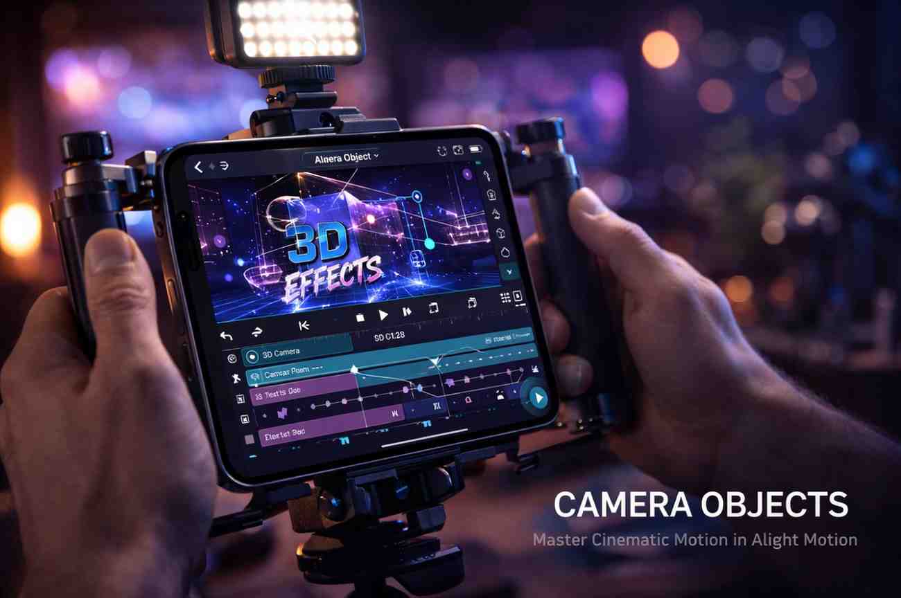 Smartphone mounted on professional filmmaking rig with LED light, screen displaying Alight Motion Camera Object tool with 3D scene and keyframe timeline.