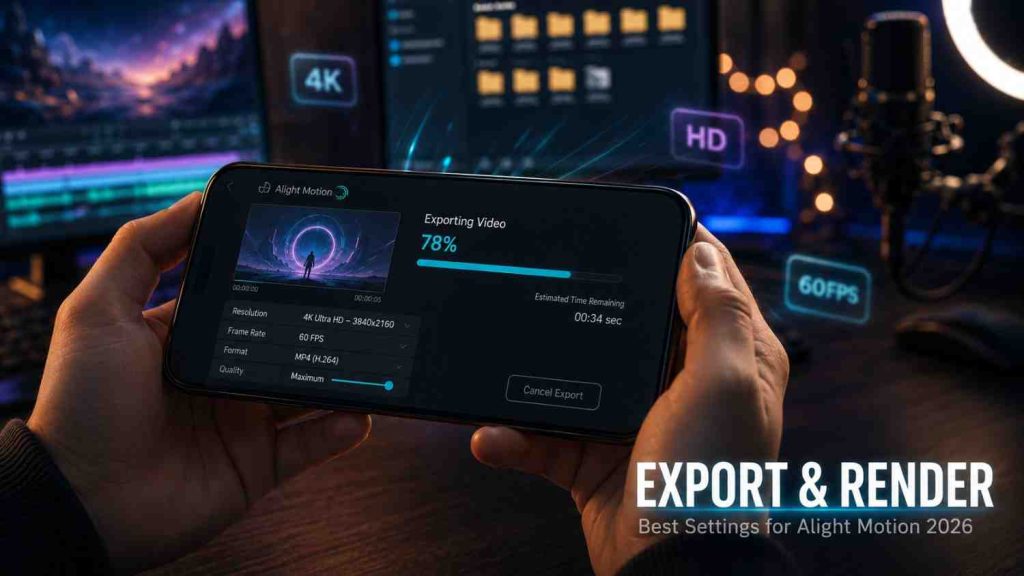 Hands holding smartphone in landscape mode showing Alight Motion export screen with 78% progress bar, 4K Ultra HD 3840x2160 resolution, 60 FPS, MP4 H.264 format settings