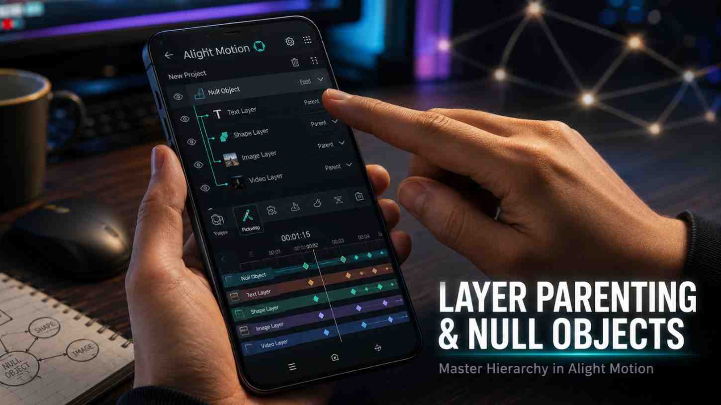 Hand pointing at smartphone screen showing Alight Motion layer panel with Null Object parent linked to Text, Shape, Image and Video child layers via green connection lines.