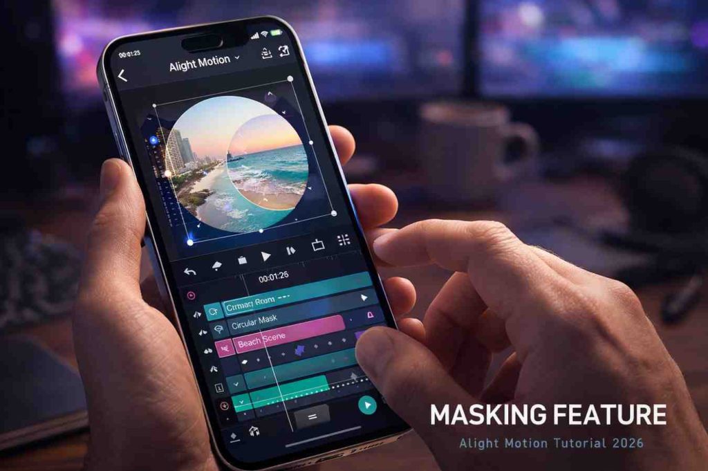Hands holding smartphone showing Alight Motion masking feature with circular mask revealing beach scene over city background, timeline layers visible.