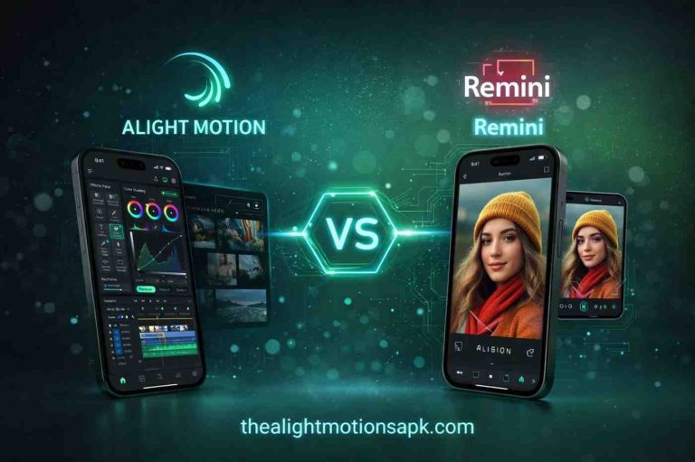 Side-by-side comparison of Alight Motion vs Remini AI photo enhancer displayed on smartphones.