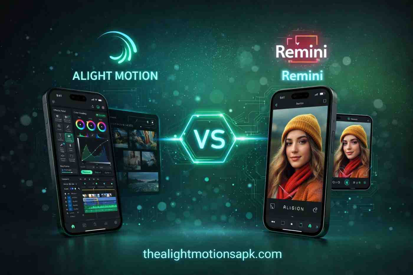 Side-by-side comparison of Alight Motion vs Remini AI photo enhancer displayed on smartphones.