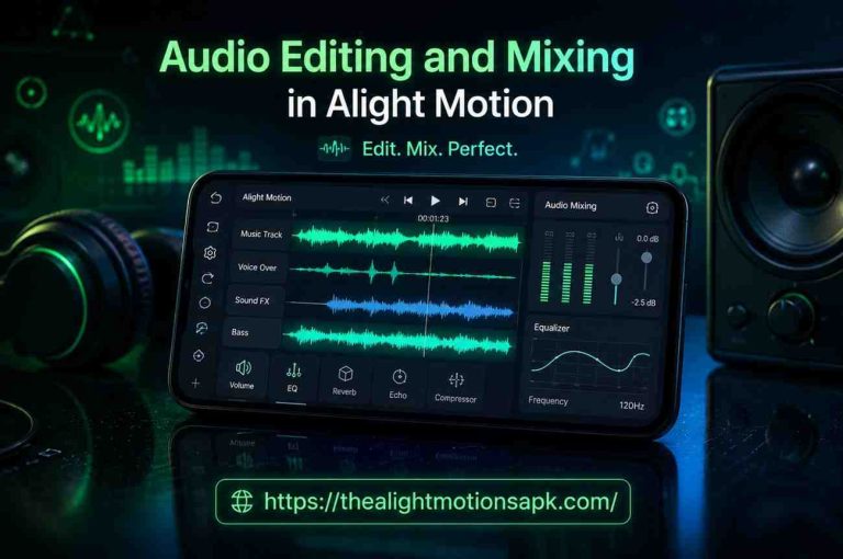 Screenshot of Audio Editing and Mixing in Alight Motion showing multiple audio tracks Music Track, Voice Over, Sound FX, and Bass with EQ, Reverb, Echo, Compressor tools and an equalizer panel on a mobile screen.
