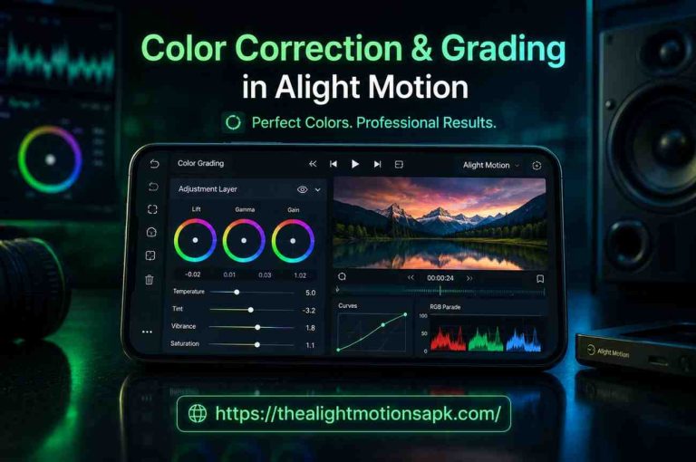 Screenshot of Color Correction & Grading in Alight Motion displaying Lift, Gamma, and Gain color wheels alongside Temperature, Tint, Vibrance, and Saturation sliders, with Curves and RGB Parade panels visible on a mobile screen.