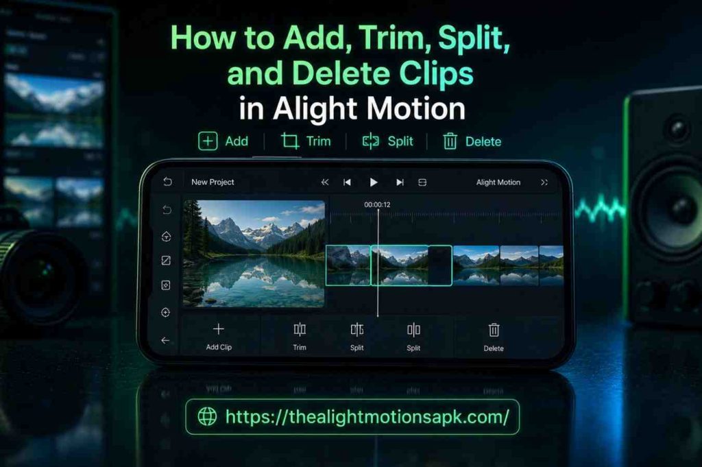 Screenshot showing How to Add, Trim, Split, and Delete Clips in Alight Motion with a video timeline, selected clip, landscape video preview, and action buttons Add Clip, Trim, Split, and Delete visible at the bottom of the screen