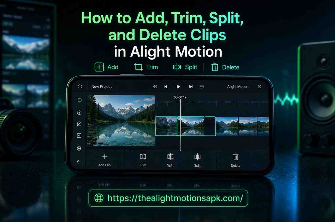 Screenshot showing How to Add, Trim, Split, and Delete Clips in Alight Motion with a video timeline, selected clip, landscape video preview, and action buttons Add Clip, Trim, Split, and Delete visible at the bottom of the screen