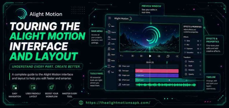 Alight Motion interface layout showing main menu, timeline, and effects panel.