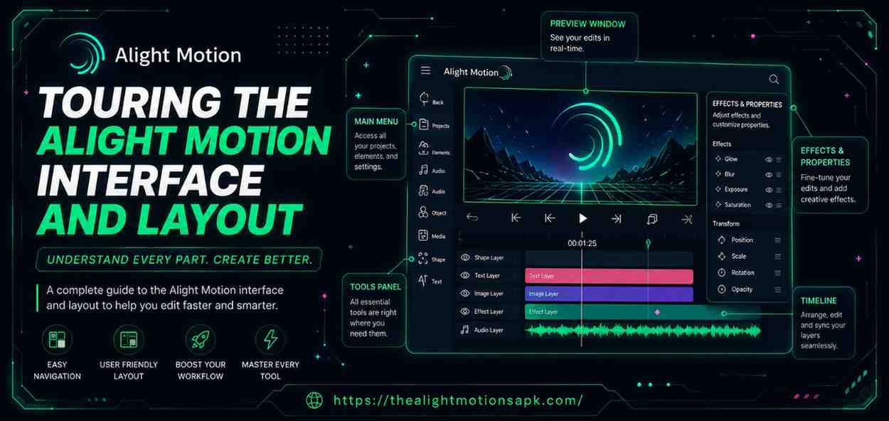 Alight Motion interface layout showing main menu, timeline, and effects panel.