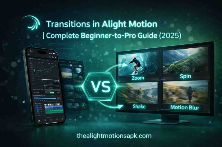 Alight Motion app interface showing four transition types Zoom, Spin, Shake, and Motion Blur displayed on mobile and desktop screens
